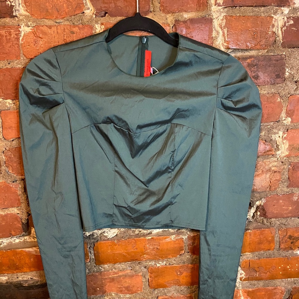 Eckhaus Latta Green satin corset gather crop top